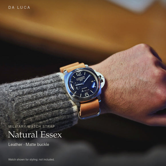 DA LUCA Leather Military Watch Strap - Natural Essex (Matte Buckle). Official product film with readable details. #Color_Natural Essex (Leather Matte)