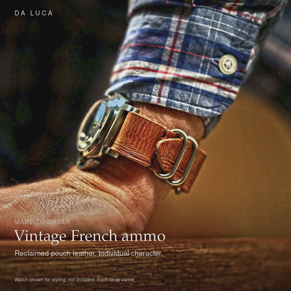 DA LUCA Vintage French Ammo Military Watch Strap. Made-to-order product details and styling.