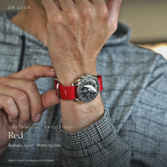 DA LUCA Ballistic Nylon Military 1 Piece Watch Strap - Red (Matte Buckle). Official product film with readable details. #Color_Red (Nylon 1P Matte)