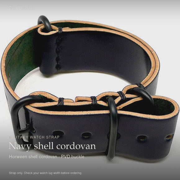 DA LUCA Shell Cordovan Military Watch Strap - Navy (PVD Buckle). Official product film with readable details. #Color_Navy (Shell PVD)