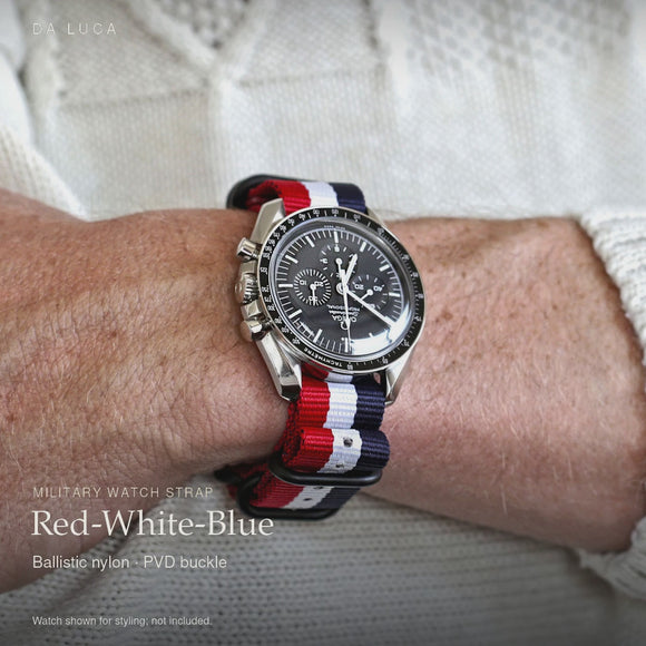 DA LUCA Ballistic Nylon Military Watch Strap - Red-White-Blue (PVD Buckle). Official product film with readable details. #Color_Red-White-Blue (Nylon PVD)
