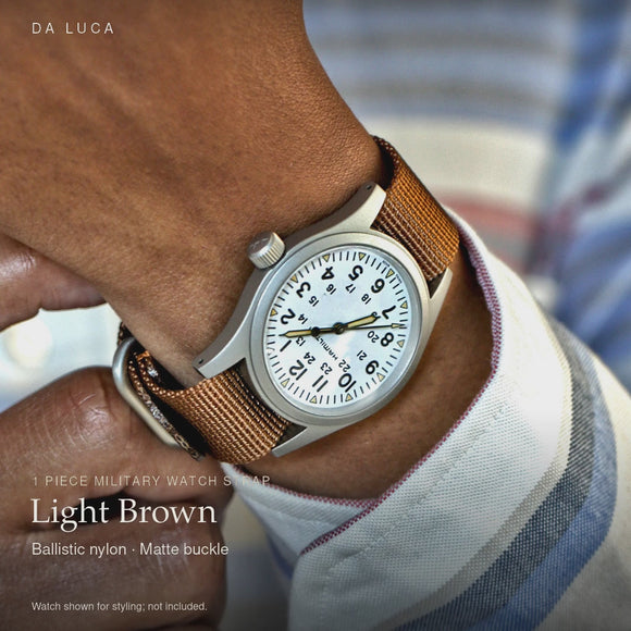 DA LUCA Ballistic Nylon Military 1 Piece Watch Strap - Light Brown (Matte Buckle). Official product film with readable details. #Color_Light Brown (Nylon 1P Matte)