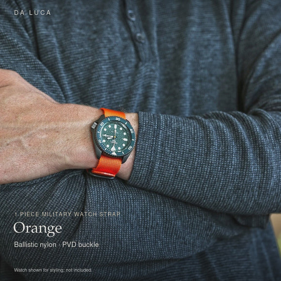 DA LUCA Ballistic Nylon Military 1 Piece Watch Strap - Orange (PVD Buckle). Official product film with readable details. #Color_Orange (Nylon 1P PVD)