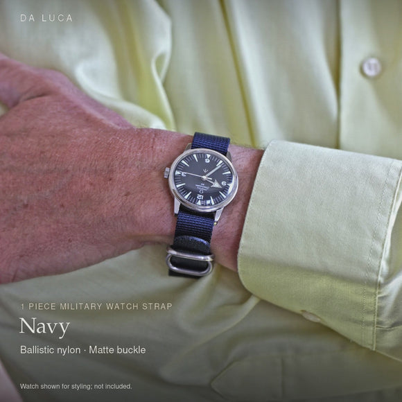 DA LUCA Ballistic Nylon Military 1 Piece Watch Strap - Navy (Matte Buckle). Official product film with readable details. #Color_Navy (Nylon 1P Matte)