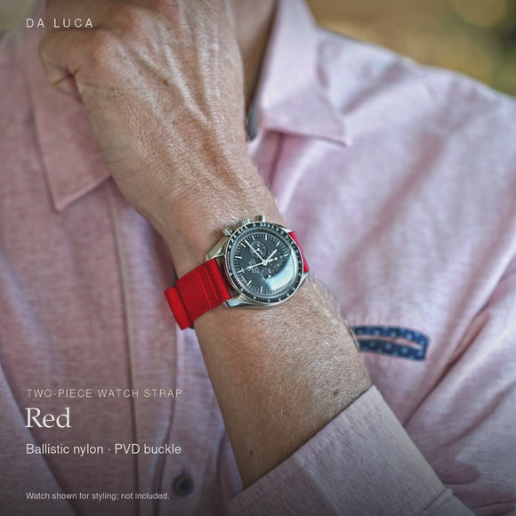 DA LUCA Two Piece Ballistic Nylon Military Watch Strap - Red (PVD Buckle). Official product film with readable details. #Color_Red (Nylon 2P PVD)