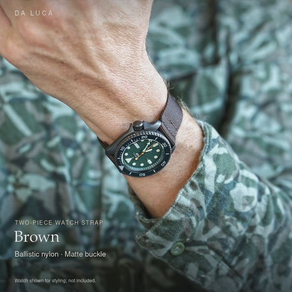 DA LUCA Two Piece Ballistic Nylon Military Watch Strap - Brown. Official product film with readable details. #Color_Brown (Nylon 2P Matte)