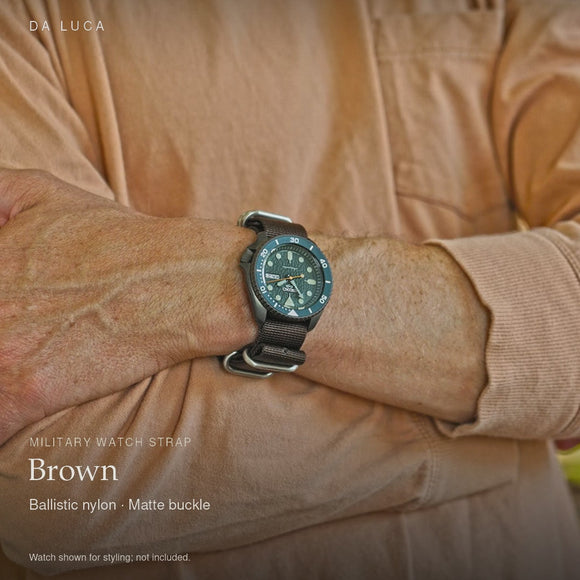 DA LUCA Ballistic Nylon Military Watch Strap - Brown (Matte Buckle). Official product film with readable details. #Color_Brown (Nylon Matte)