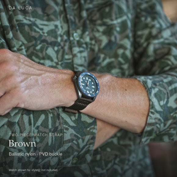 DA LUCA Two Piece Ballistic Nylon Military Watch Strap - Brown (PVD Buckle). Official product film with readable details. #Color_Brown (Nylon 2P PVD)
