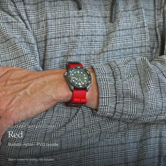 DA LUCA Ballistic Nylon Military Watch Strap - Red (PVD Buckle). Official product film with readable details. #Color_Red (Nylon PVD)