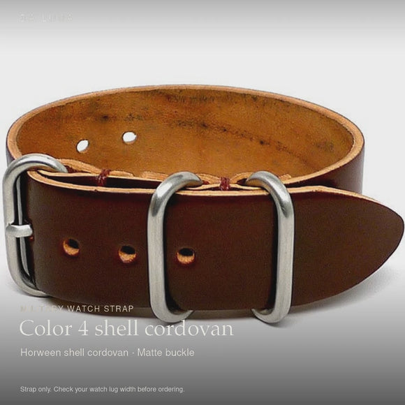DA LUCA Shell Cordovan 1 Piece Military Watch Strap - Color 4 (Matte Buckle). Official product film with readable details. #Color_Color 4 (Shell 1P Matte)