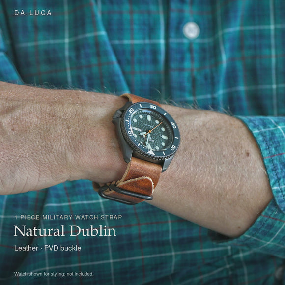 DA LUCA 1 Piece Leather Military Watch Strap - Natural Dublin (PVD Buckle). Official product film with readable details. #Color_Natural Dublin (Leather 1P PVD)