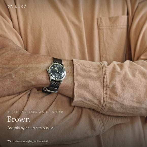 DA LUCA Ballistic Nylon Military 1 Piece Watch Strap - Brown (Matte Buckle). Official product film with readable details. #Color_Brown (Nylon 1P Matte)