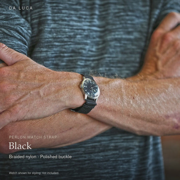 DA LUCA Braided Nylon Perlon Watch Strap - Black (Polished Buckle). Official product film with readable details.