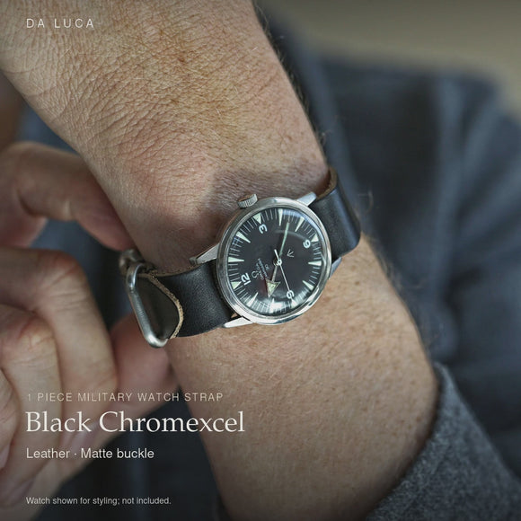 DA LUCA 1 Piece Leather Military Watch Strap - Black Chromexcel (Matte Buckle). Official product film with readable details. #Color_Black Chromexcel (Leather 1P Matte)