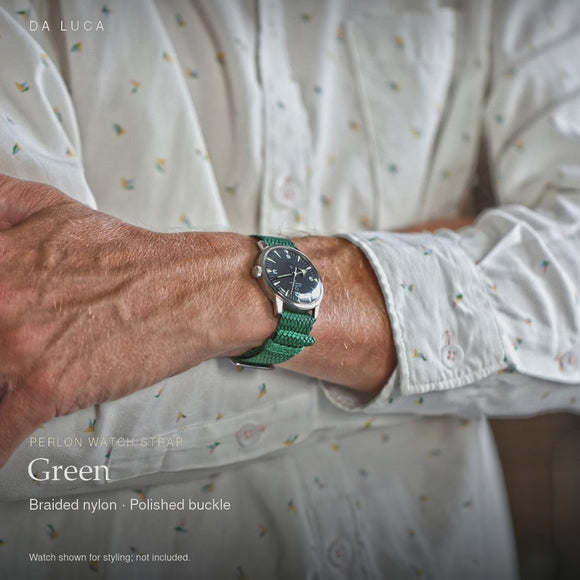 DA LUCA Braided Nylon Perlon Watch Strap - Green (Polished Buckle). Official product film with readable details. #Color_Green (Perlon Polished)