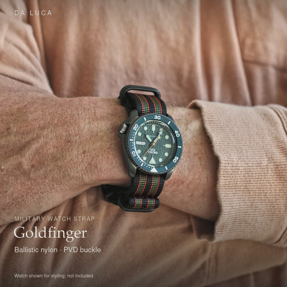 DA LUCA Ballistic Nylon Military Watch Strap - Goldfinger (PVD Buckle). Official product film with readable details. #Color_Goldfinger (Nylon PVD)