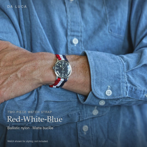 DA LUCA Two Piece Ballistic Nylon Military Watch Strap - Red-White-Blue. Official product film with readable details. #Color_Red-White-Blue (Nylon 2P Matte)