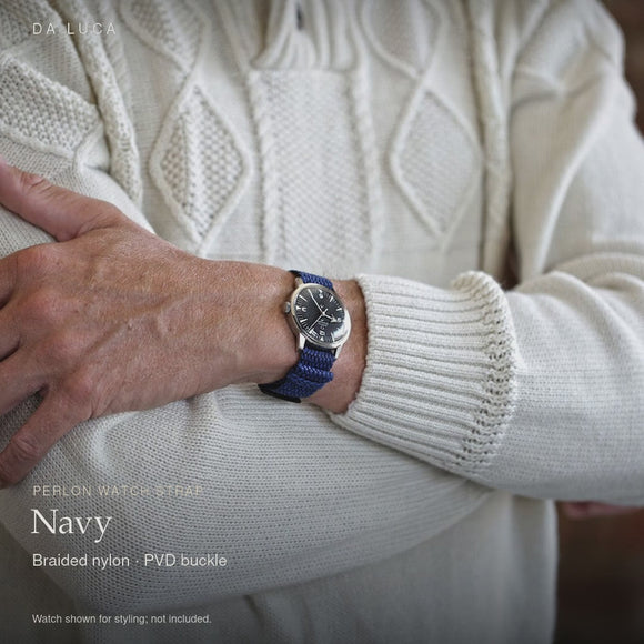 DA LUCA Braided Nylon Perlon Watch Strap - Navy (PVD Buckle). Official product film with readable details. #Color_Navy (Perlon PVD)