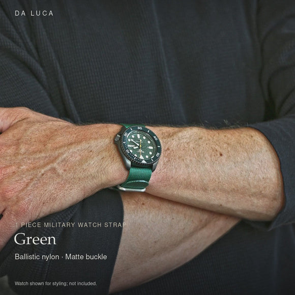 DA LUCA Ballistic Nylon Military 1 Piece Watch Strap - Green (Matte Buckle). Official product film with readable details. #Color_Green (Nylon 1P Matte)
