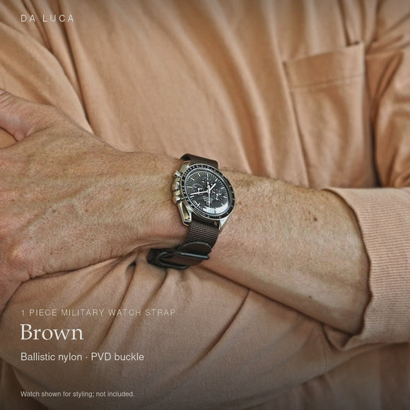 DA LUCA Ballistic Nylon Military 1 Piece Watch Strap - Brown (PVD Buckle). Official product film with readable details. #Color_Brown (Nylon 1P PVD)