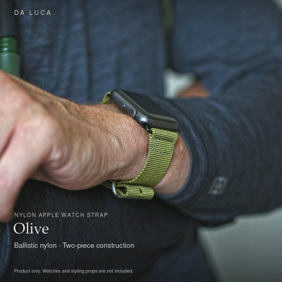 DA LUCA Nylon Apple Watch Strap - Olive. Official product film with readable details. #Color_Olive (Nylon 2P PVD)