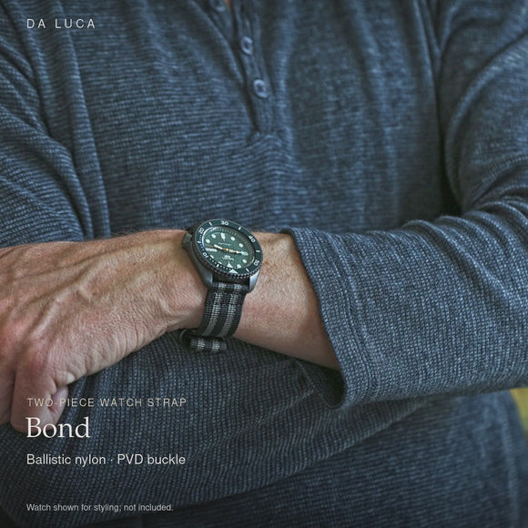 DA LUCA Two Piece Ballistic Nylon Military Watch Strap - Bond (PVD Buckle). Official product film with readable details. #Color_Bond (Nylon 2P PVD)