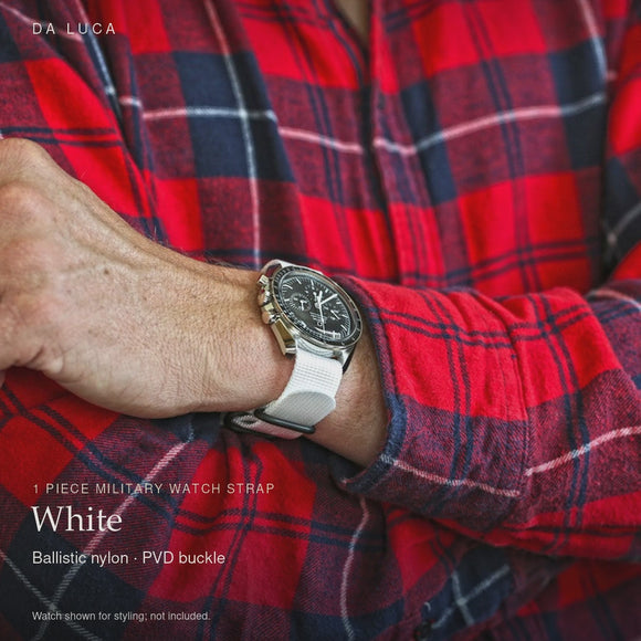 DA LUCA Ballistic Nylon Military 1 Piece Watch Strap - White (PVD Buckle). Official product film with readable details. #Color_White (Nylon 1P PVD)