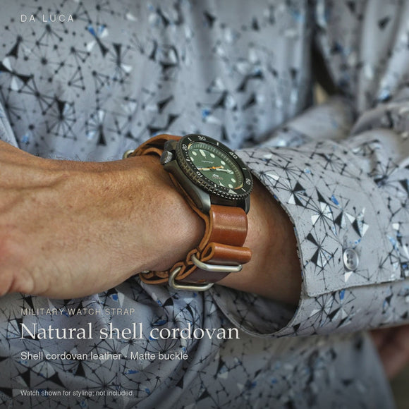 DA LUCA Shell Cordovan Military Watch Strap - Natural (Matte Buckle). Official product film with readable details. #Color_Natural (Shell Matte)