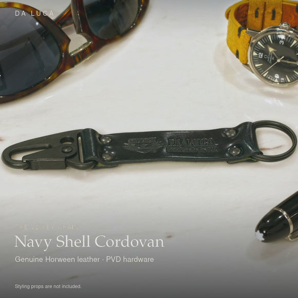 DA LUCA Leather V2 Key Chain - Navy Shell Cordovan (PVD). Official product film with readable details. #Color_Navy Shell Cordovan (Key-Pvd)