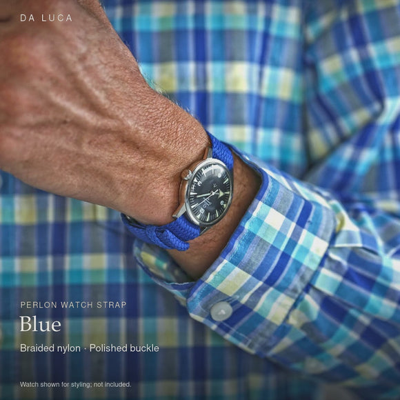 DA LUCA Braided Nylon Perlon Watch Strap - Blue (Polished Buckle). Official product film with readable details. #Color_Blue (Perlon Polished)