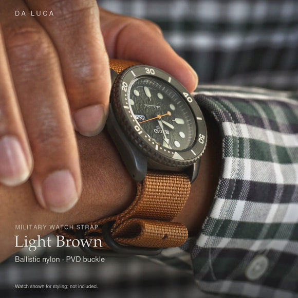 DA LUCA Ballistic Nylon Military Watch Strap - Light Brown (PVD Buckle). Official product film with readable details. #Color_Light Brown (Nylon PVD)