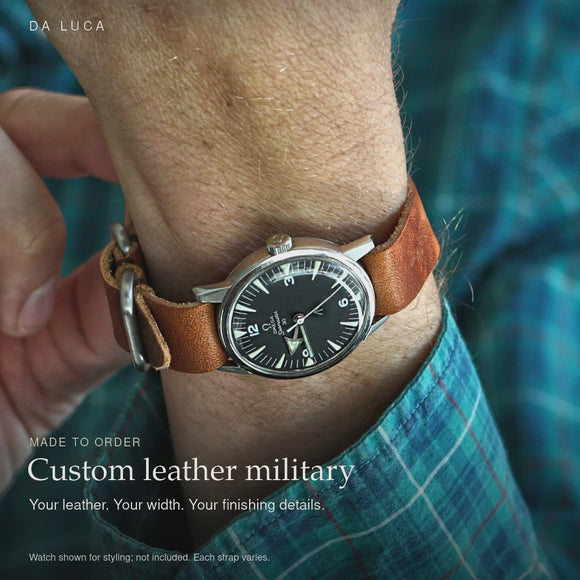 DA LUCA Custom Leather Military Watch Strap. Made-to-order product details and styling.