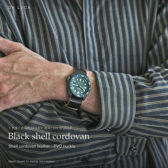 DA LUCA Shell Cordovan 1 Piece Military Watch Strap - Black (PVD Buckle). Official product film with readable details. #Color_Black (Shell 1P PVD)