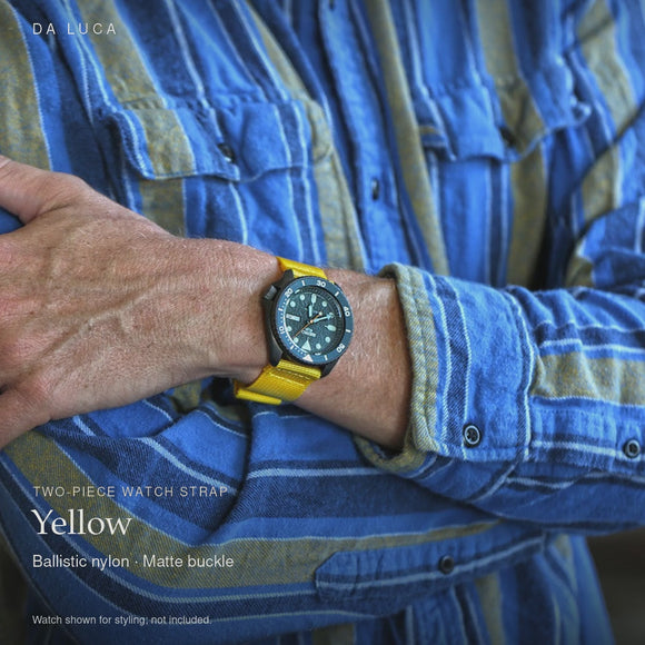 DA LUCA Two Piece Ballistic Nylon Military Watch Strap - Yellow. Official product film with readable details. #Color_Yellow (Nylon 2P Matte)