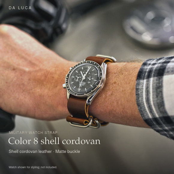 DA LUCA Shell Cordovan Military Watch Strap - Color 8 (Matte Buckle). Official product film with readable details. #Color_Color 8 (Shell Matte)