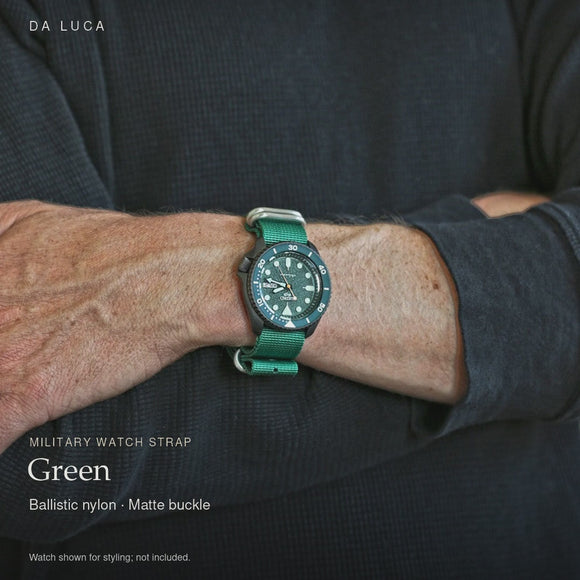 DA LUCA Ballistic Nylon Military Watch Strap - Green (Matte Buckle). Official product film with readable details. #Color_Green (Nylon Matte)