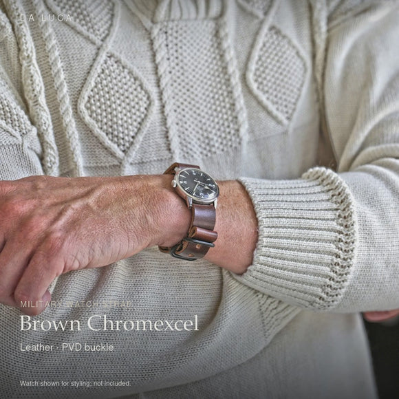 DA LUCA Leather Military Watch Strap - Brown Chromexcel (PVD Buckle). Official product film with readable details. #Color_Brown Chromexcel (Leather PVD)