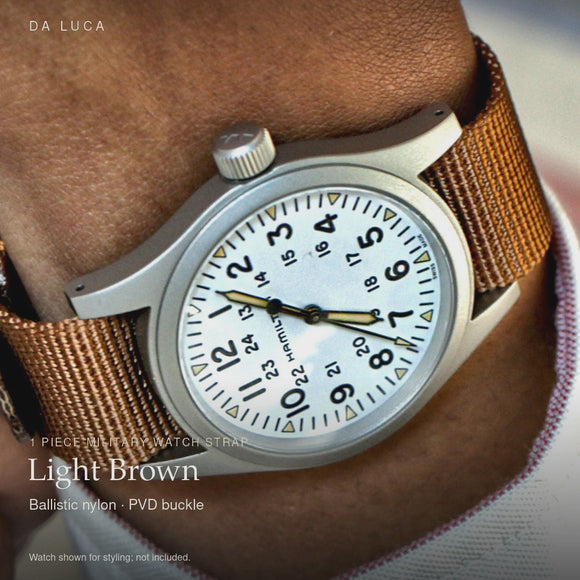 DA LUCA Ballistic Nylon Military 1 Piece Watch Strap - Light Brown (PVD Buckle). Official product film with readable details. #Color_Light Brown (Nylon 1P PVD)