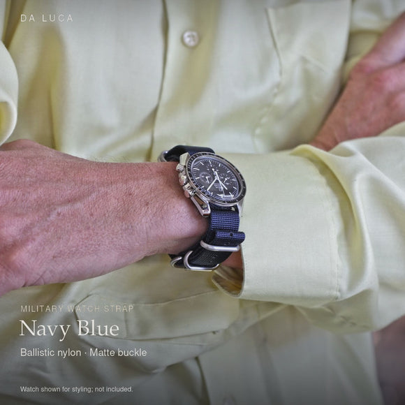 DA LUCA Ballistic Nylon Military Watch Strap - Navy Blue (Matte Buckle). Official product film with readable details. #Color_Navy (Nylon Matte)