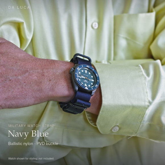 DA LUCA Ballistic Nylon Military Watch Strap - Navy Blue (PVD Buckle). Official product film with readable details. #Color_Navy (Nylon PVD)