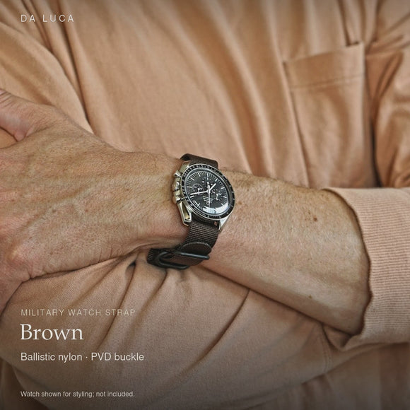 DA LUCA Ballistic Nylon Military Watch Strap - Brown (PVD Buckle). Official product film with readable details. #Color_Brown (Nylon PVD)