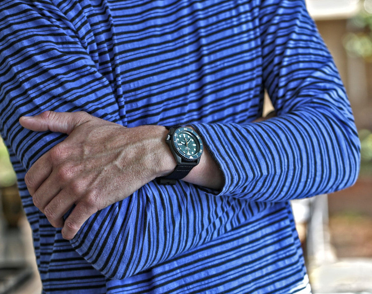 Black Two Piece Ballistic Nylon Military Strap PVD Lifestyle By DaLuca Straps.