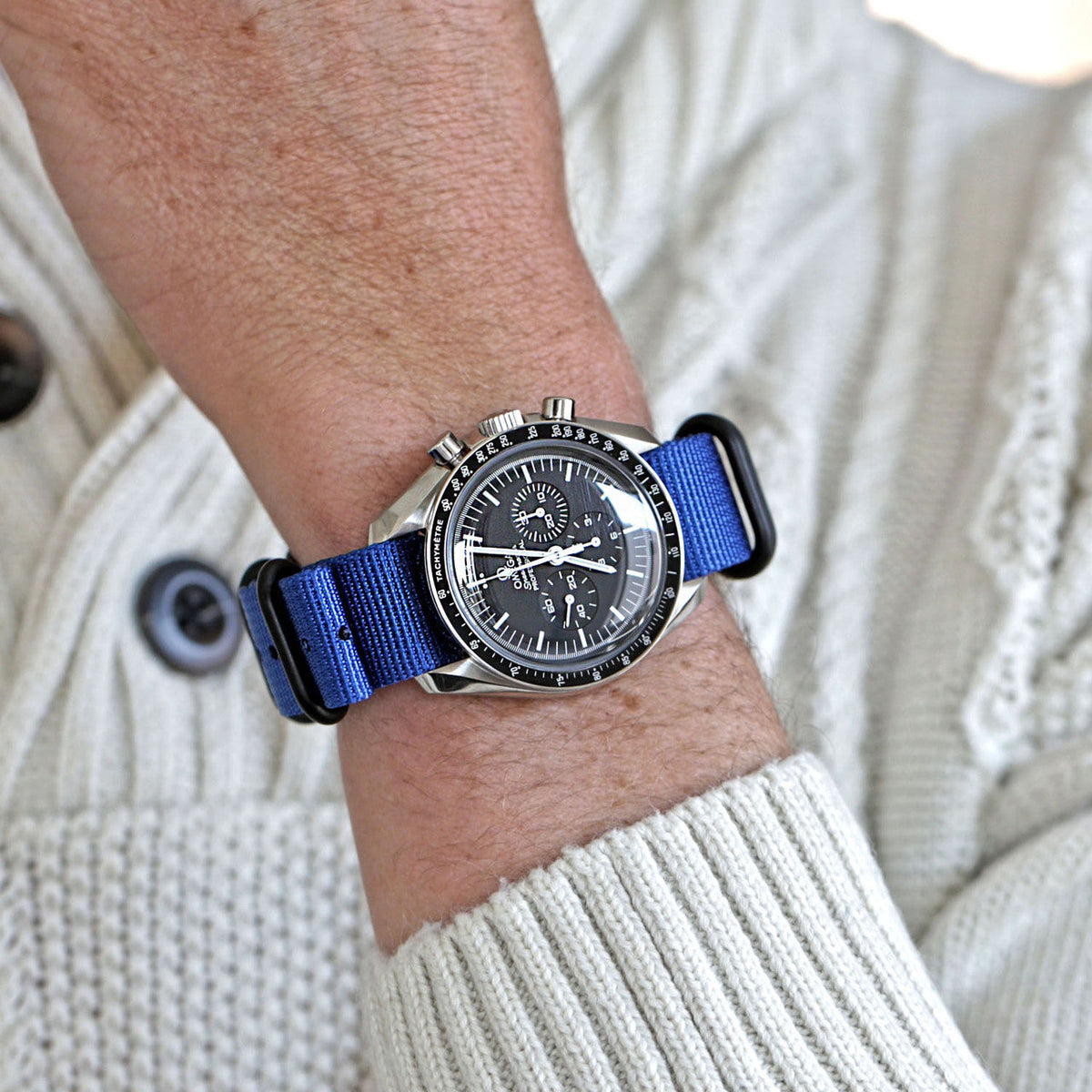Blue Ballistic Nylon Military Watch Strap With A PVD Buckle By DaLuca Straps.