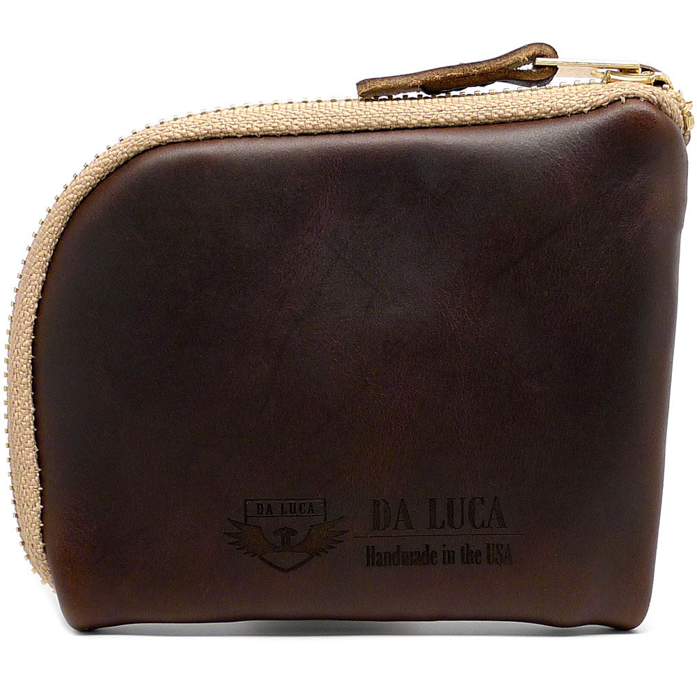 Back Of A Handmade Zip Wallet Made From Horween Brown Chromexcel Leather with a Khaki Zipper DaLuca Straps.