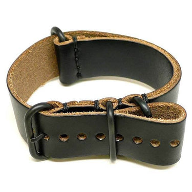 A Leather Military Single Piece Watch Strap Black Chromexcel PVD By DaLuca Straps.