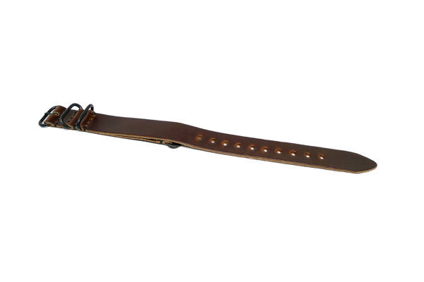 Long Handmade Military Watch Strap Made From Horween Brown Chromexcel Leather With PVD Buckle By DaLuca Straps.