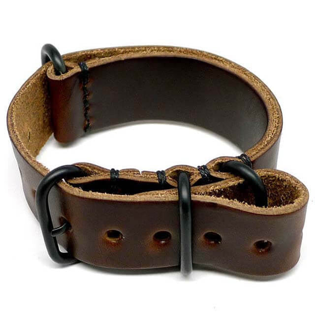 Handmade Military Watch Strap Made From Horween Brown Chromexcel Leather With PVD Buckle By DaLuca Straps.