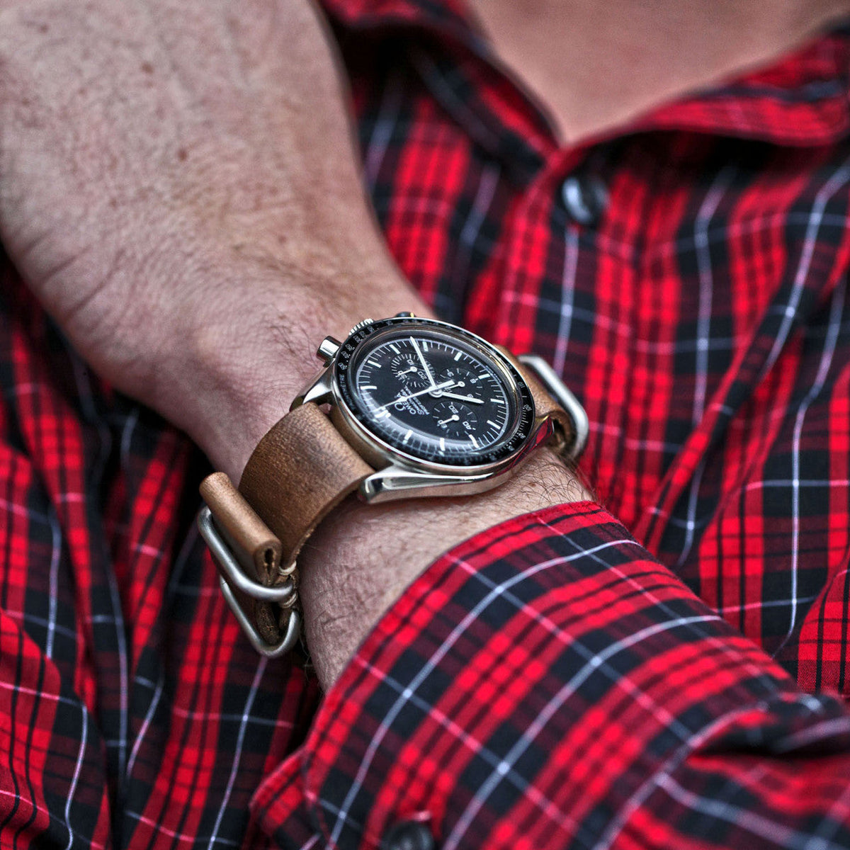Military Watch Strap Made From Natural Chromexcel Leather With Matte Silver Hardware By DaLuca Straps.