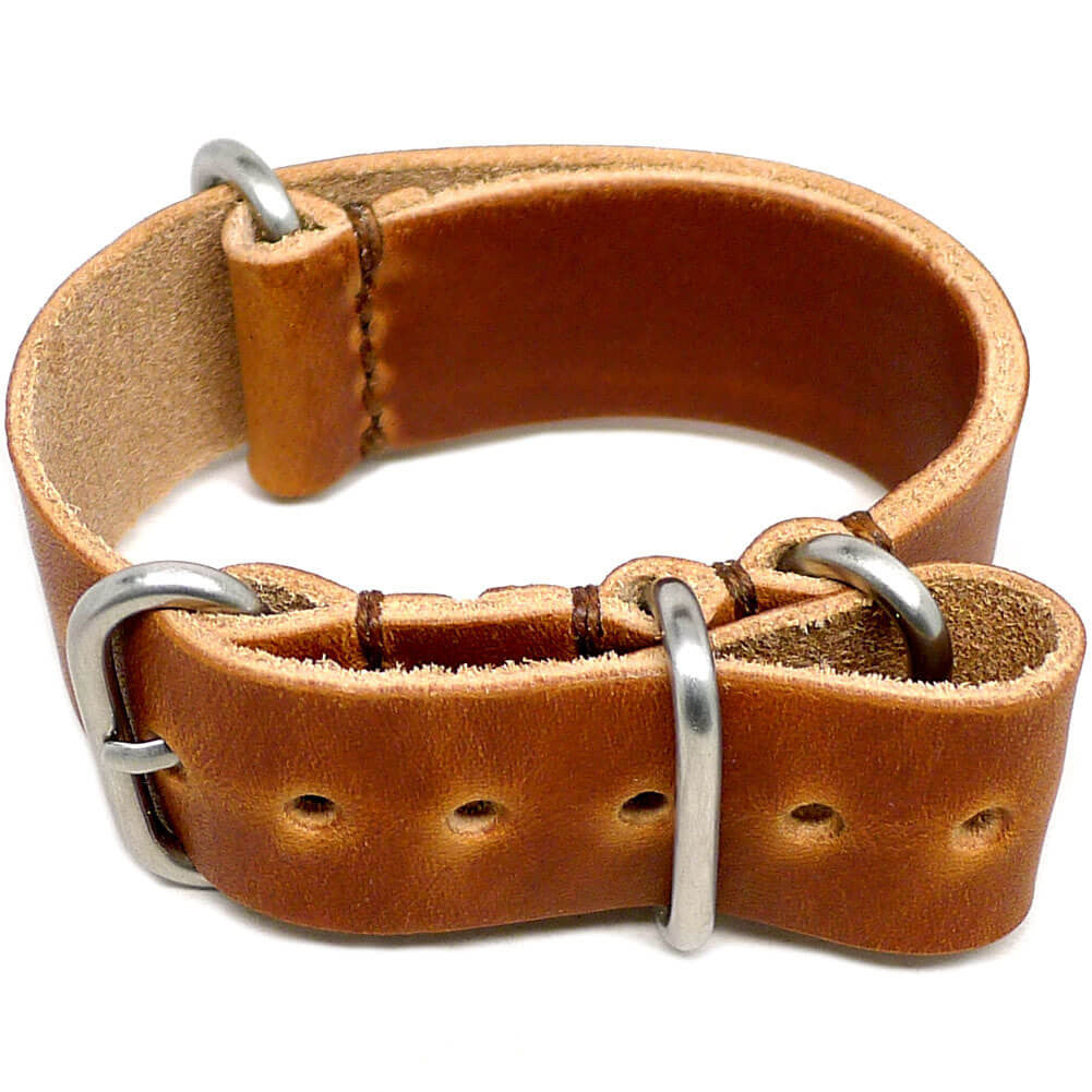 Single Piece Leather Military Watch Strap Made From Natural Dublin With Matte Silver Hardware By DaLuca Straps.