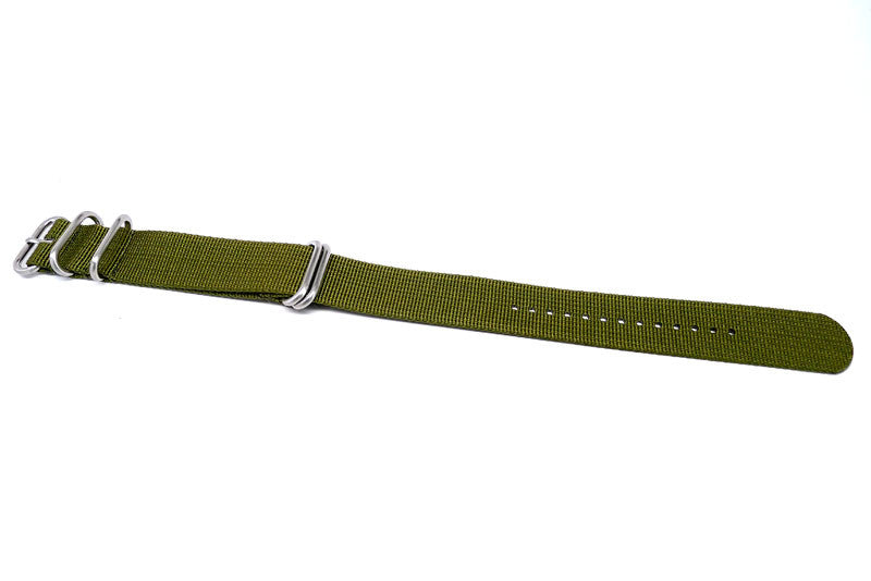 Olive Ballistic Nylon Military Watch Strap With A Matte Silver Buckle By DaLuca Straps.